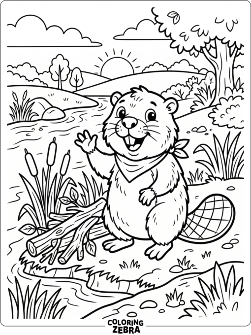 A beaver on a riverbank with reeds and branches