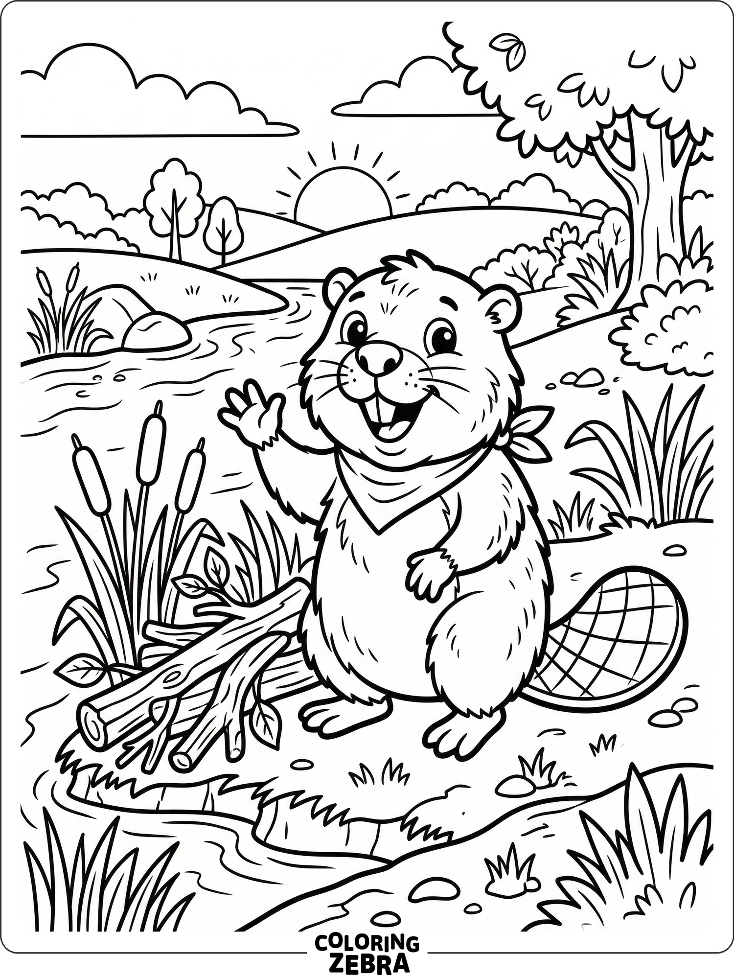 A beaver on a riverbank with reeds and branches