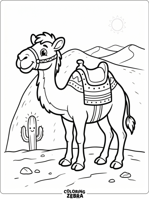 A camel stands in profile beside soft desert dunes and a small hill