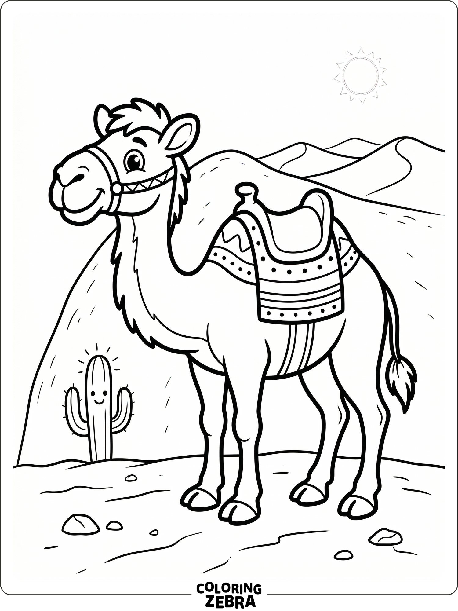 A camel stands in profile beside soft desert dunes and a small hill