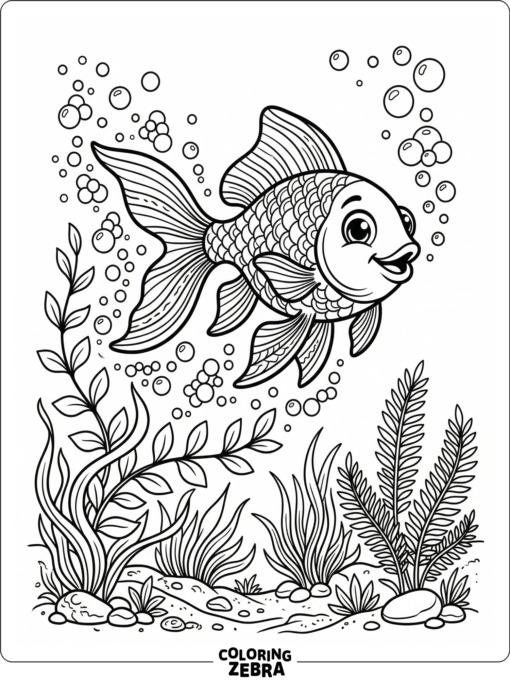 A goldfish swimming among bubbles and water plants