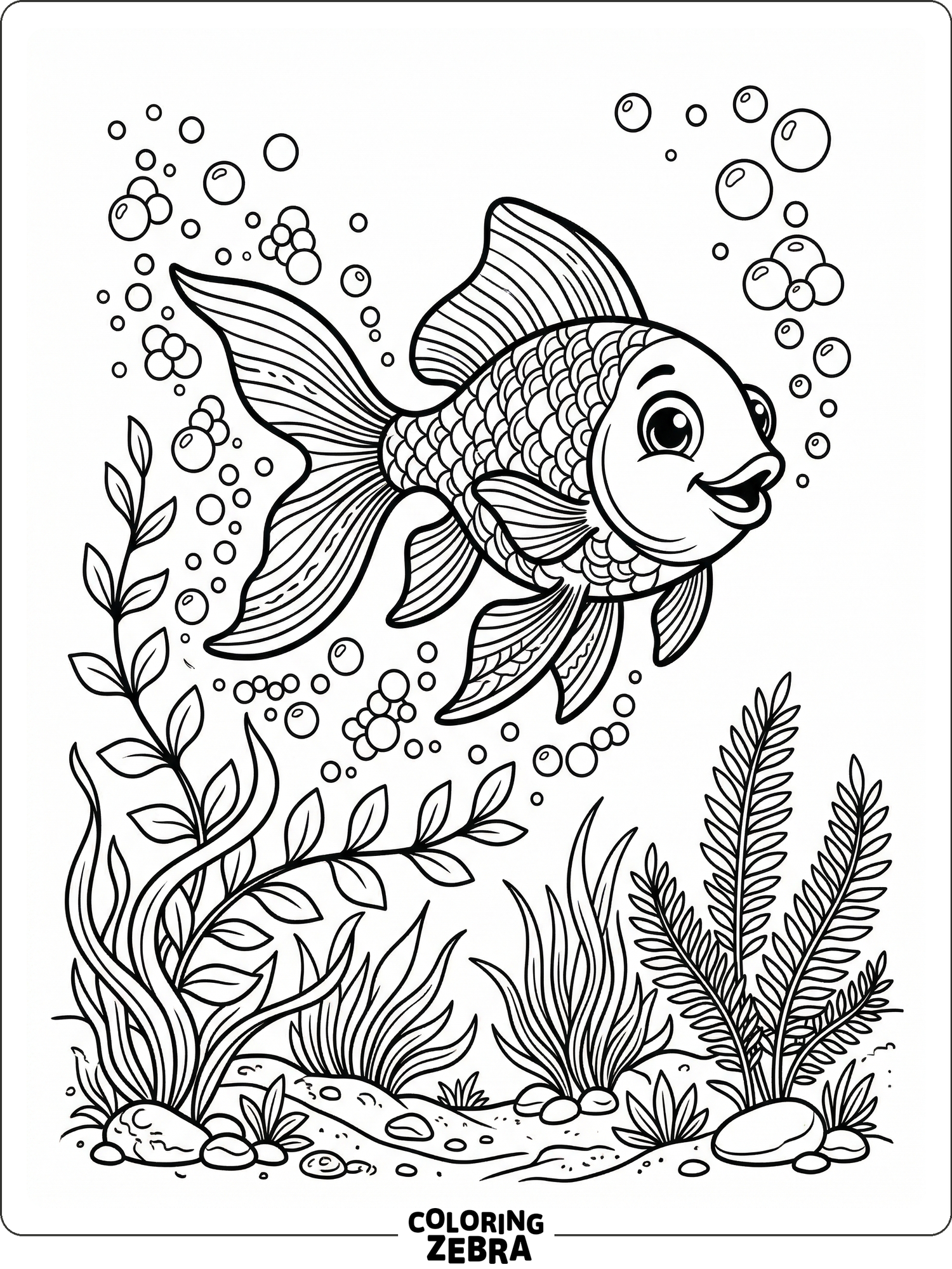 A goldfish swimming among bubbles and water plants