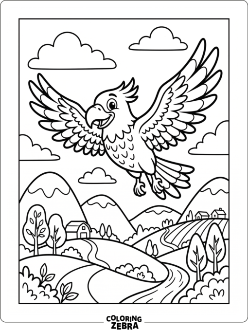 A hawk flying over hills with wide wings