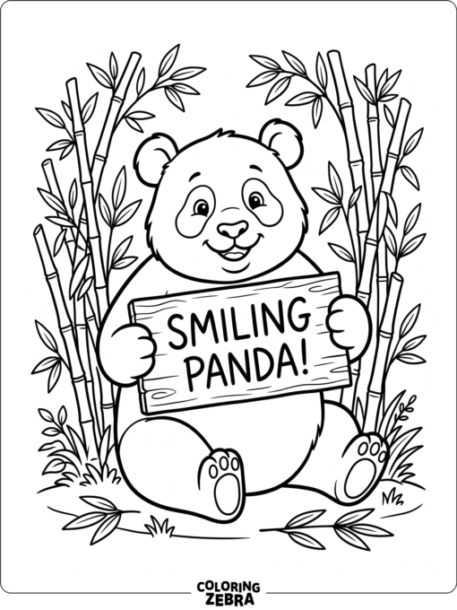 A cheerful panda holding a sign with bamboo leaves