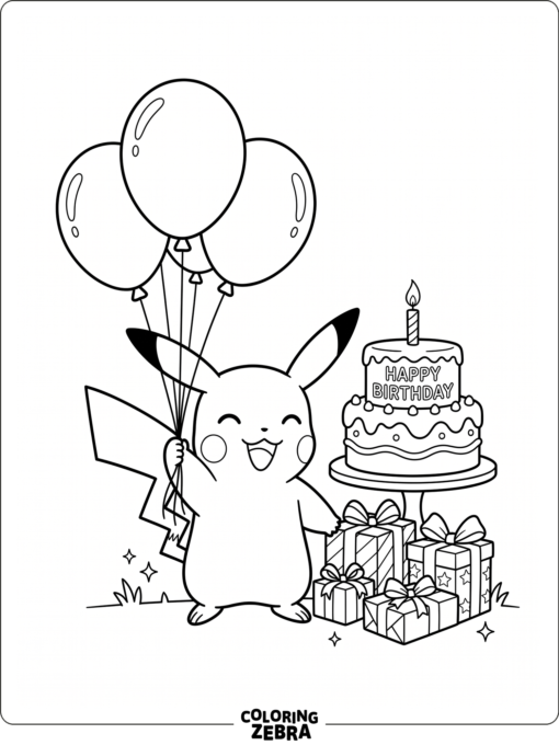 Pikachu with balloons, gifts, and a cake
