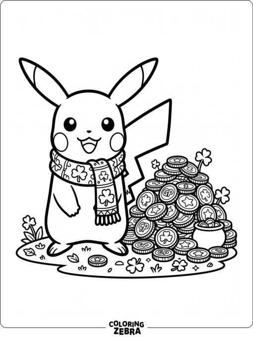 Pikachu wearing a shamrock scarf beside coins
