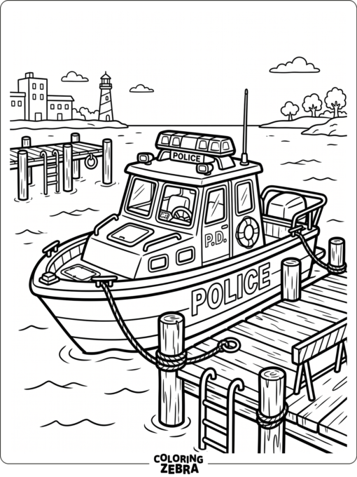 A police boat with flashing lights