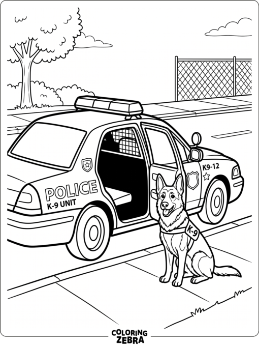 Police car with a police dog nearby