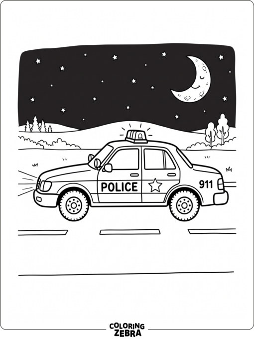 Police car at night under a moon