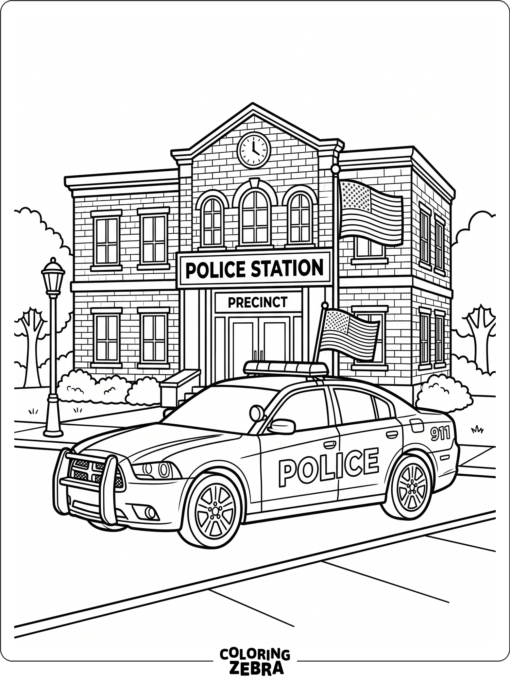 Police car outside a police station