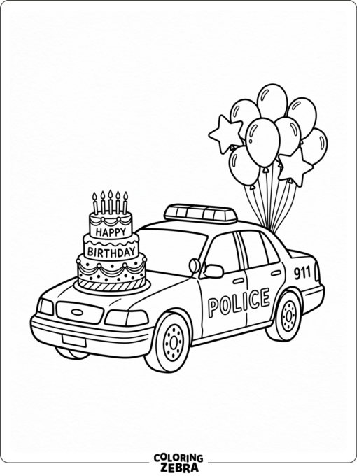 Police car with balloons and a birthday cake