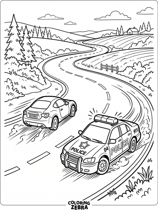 Police car chasing a car on a winding road