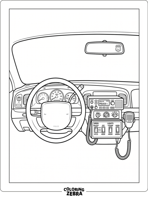 Interior view of a police car dashboard with radio and steering wheel