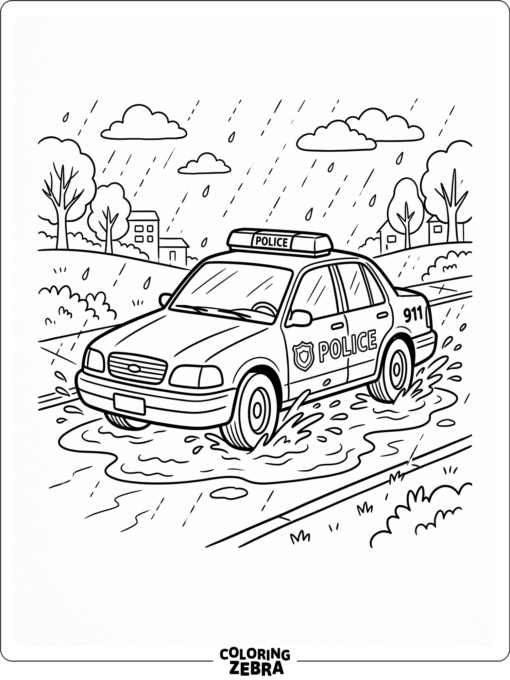 Police car driving in the rain