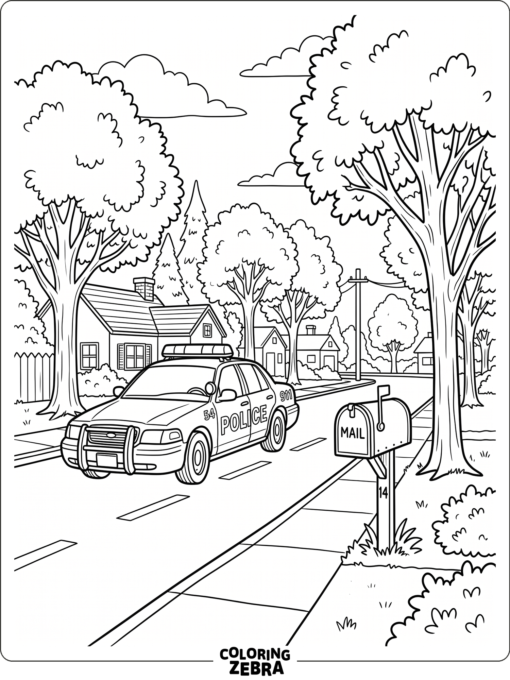 Police car driving through a neighborhood