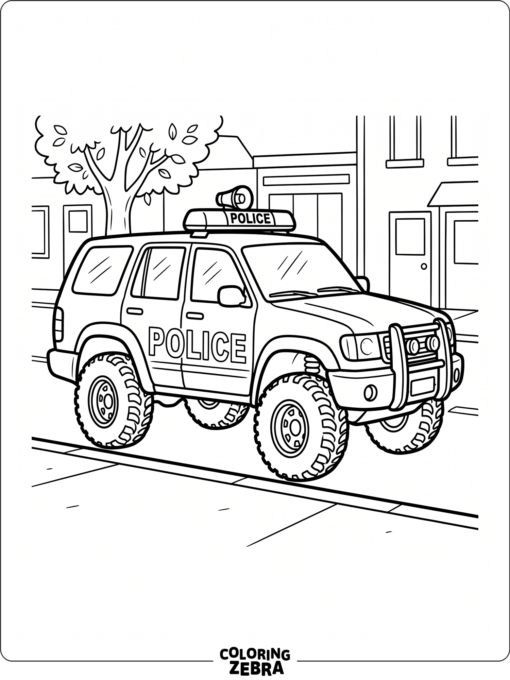 Police car with bold wheels parked by the curb