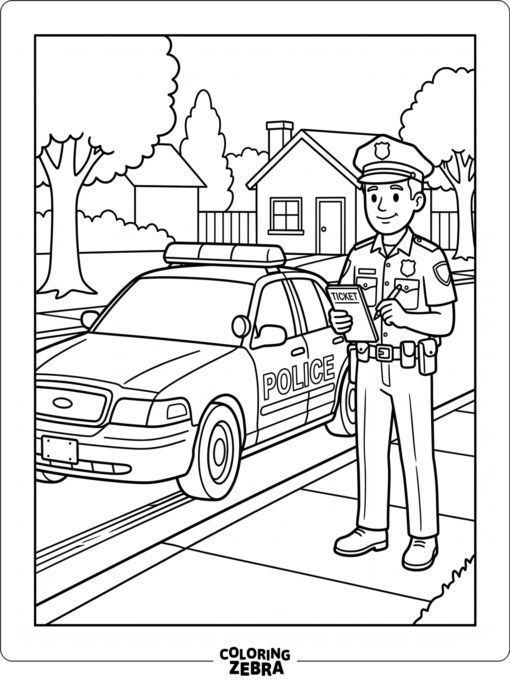 Police officer beside a parked patrol car