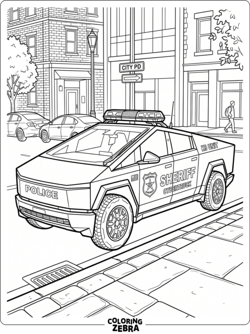 A police Cybertruck parked by the curb