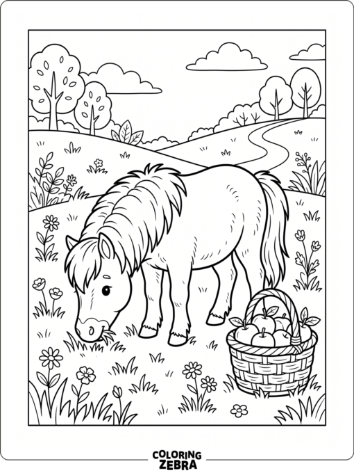 A pony grazes near a basket of apples