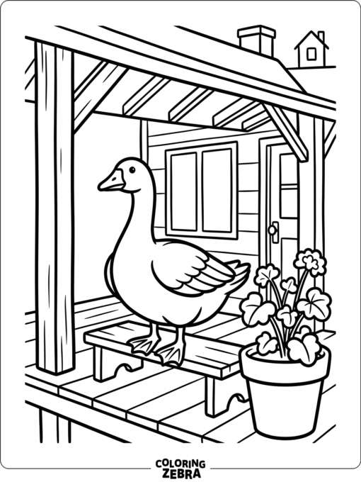 A goose resting on a porch beside a potted plant
