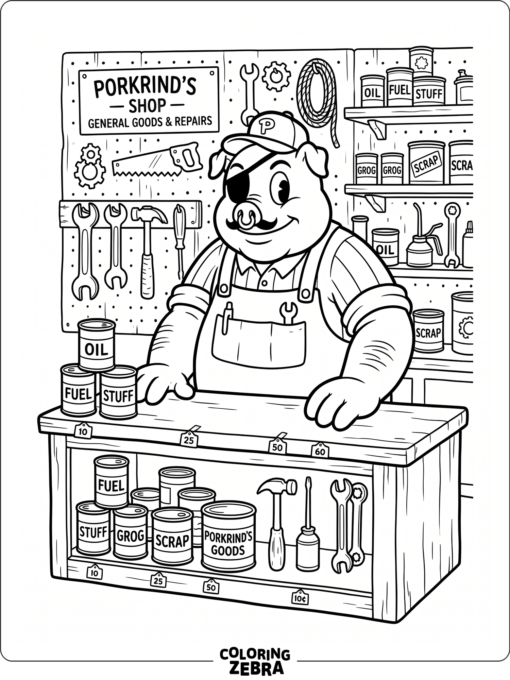 Porkrind behind a cluttered shop counter