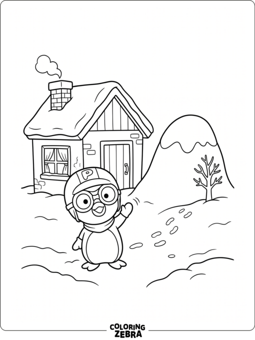 Pororo standing beside a small house