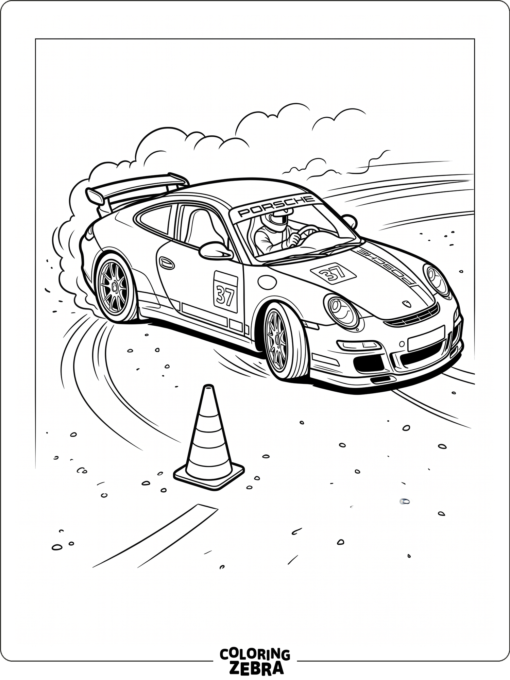 Porsche drift car sliding past a cone