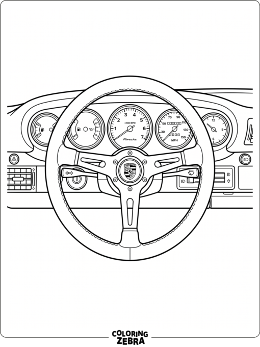 Porsche steering wheel with dashboard behind it