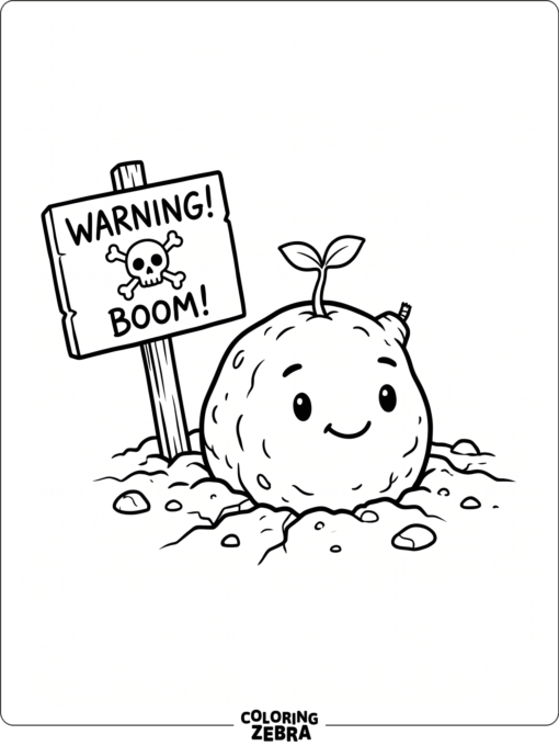Potato Mine sits with a tiny sprout and warning sign