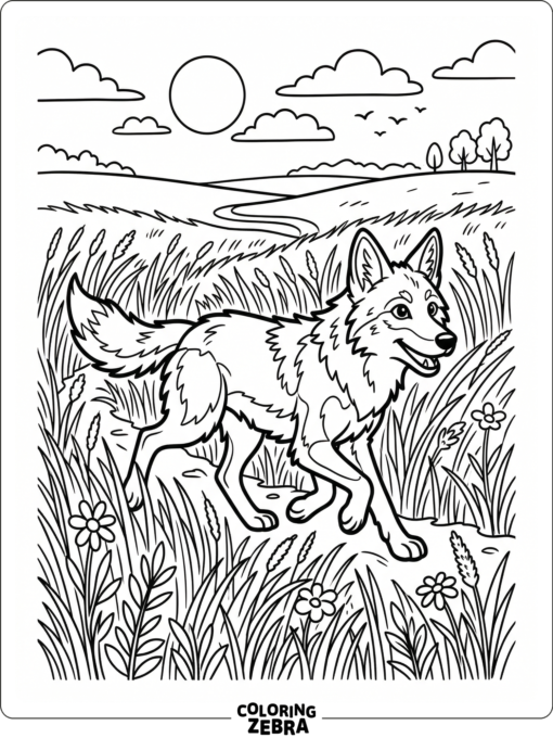 A coyote trotting through tall prairie grass