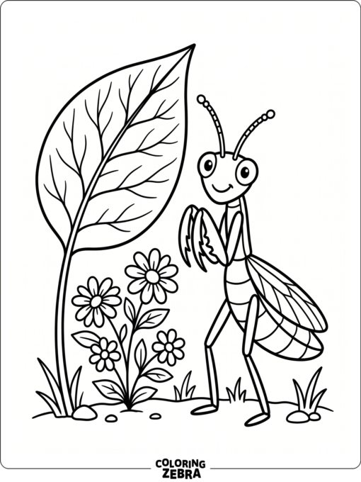 A kid-friendly praying mantis with a leaf