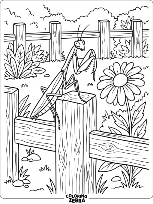 A praying mantis in a garden scene