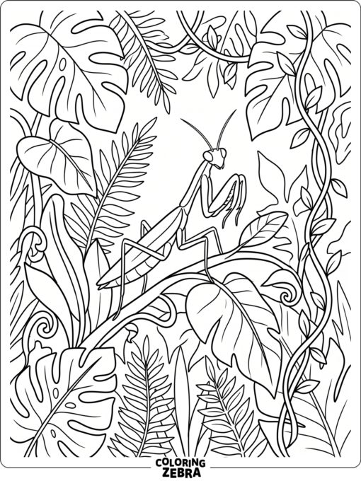 A praying mantis among jungle leaves