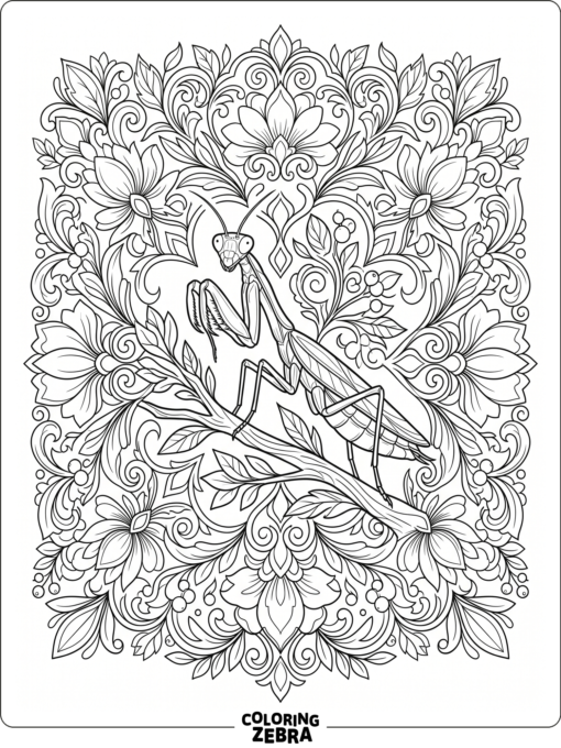 A praying mantis framed by a floral mandala