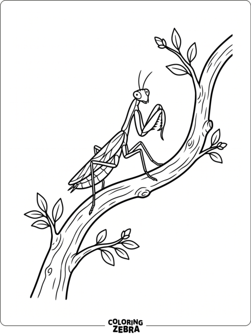 A praying mantis on a curved branch