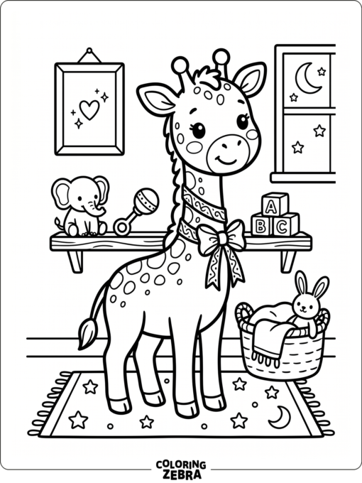 A sweet baby giraffe with a ribbon and heart
