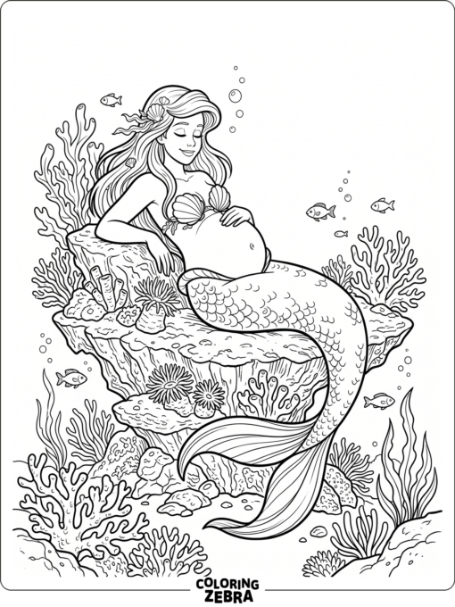A pregnant mermaid resting on a coral ledge