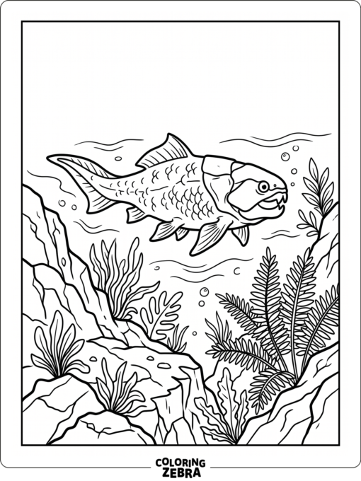 A prehistoric fish near ancient rocks