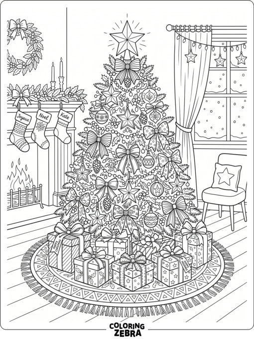 En elegant julgran med rosetter och julklappar