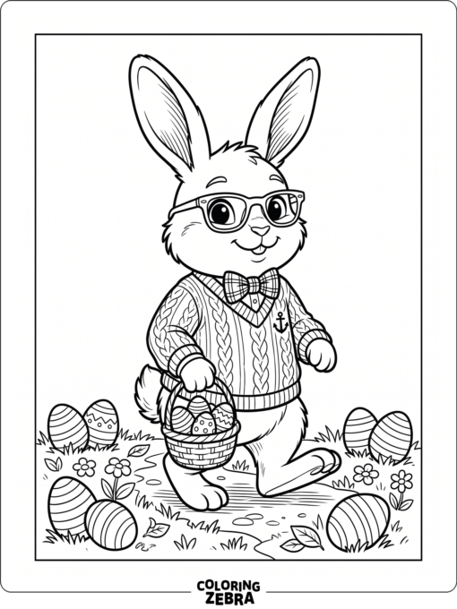 A stylish bunny with a sweater and striped eggs