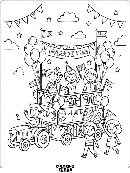 A parade float with balloons and flags
