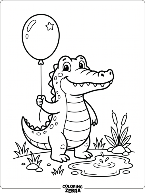 A friendly alligator holding a balloon near a puddle