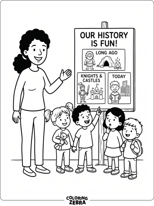 Teacher and preschool children beside a history poster
