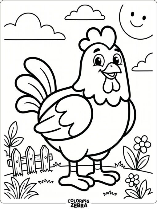 A preschool chicken beside a small fence