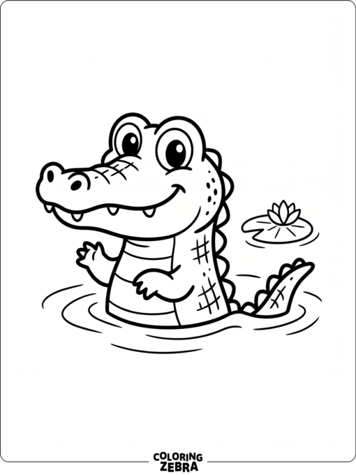 A friendly crocodile with big eyes and a little lily pad