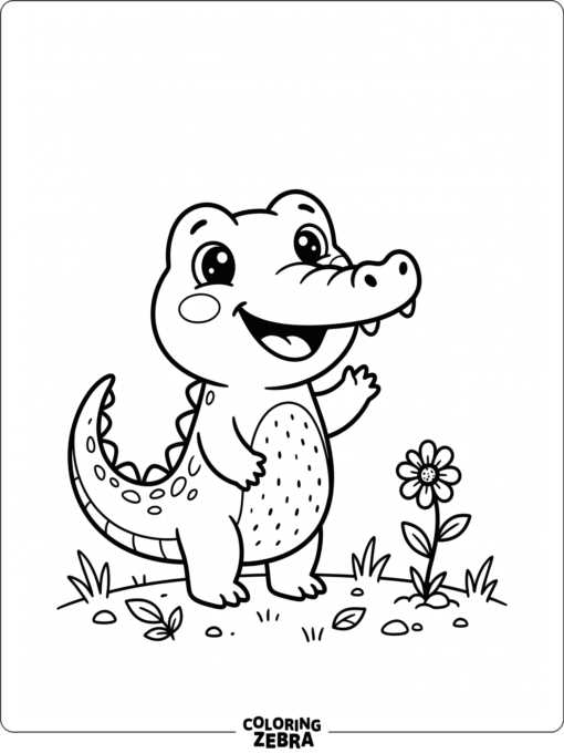 A cute alligator smiling beside a small flower