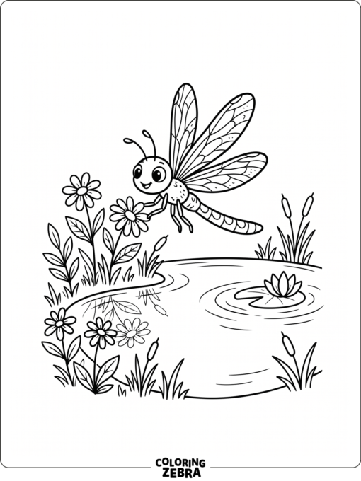 A small dragonfly near pond flowers