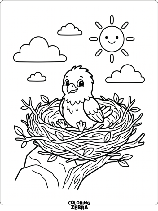 A baby eagle in a nest with sun and clouds