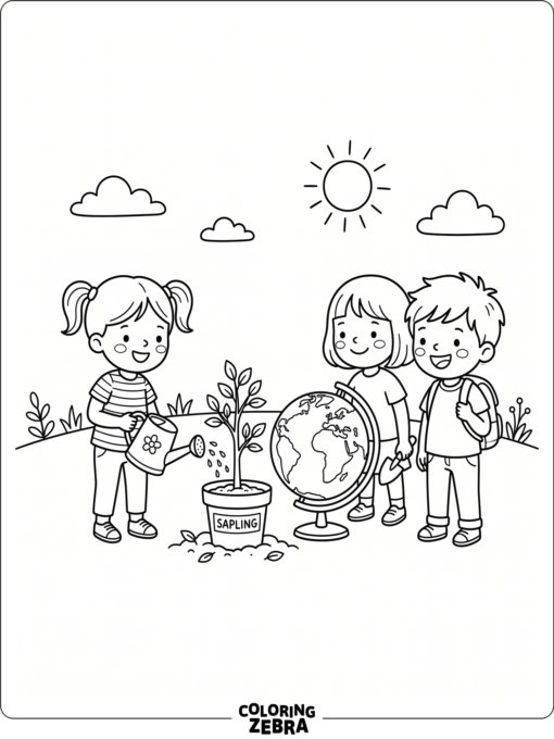 Preschoolers Watering a Tiny Tree