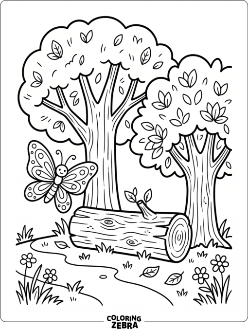 A simple forest page for preschool kids with trees and a butterfly
